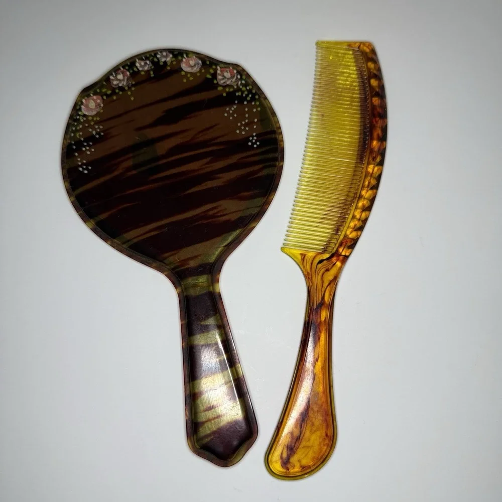 Antique Victorian Faux Tortoise‎ Shell Celluloid Handled Mirror Brush Vanity 8